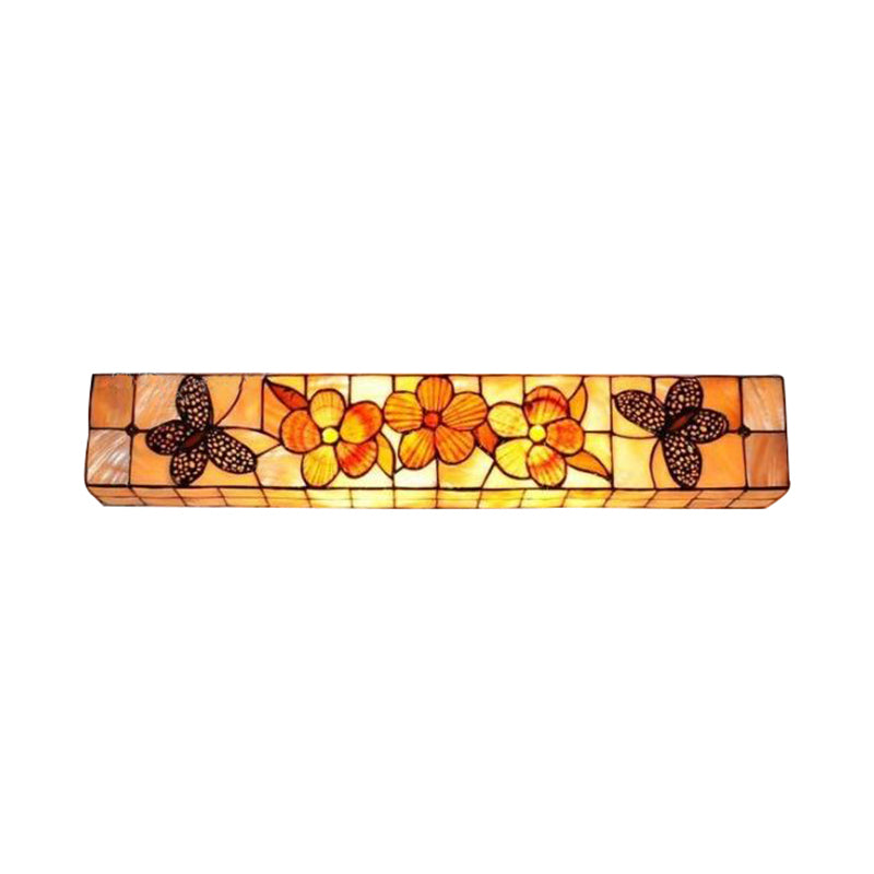 2 Lights Rectangle Wall Lighting with Flower and Butterfly Rustic Shell Wall Mount Light