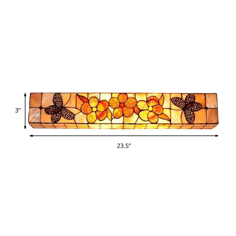 2 Lights Rectangle Wall Lighting with Flower and Butterfly Rustic Shell Wall Mount Light