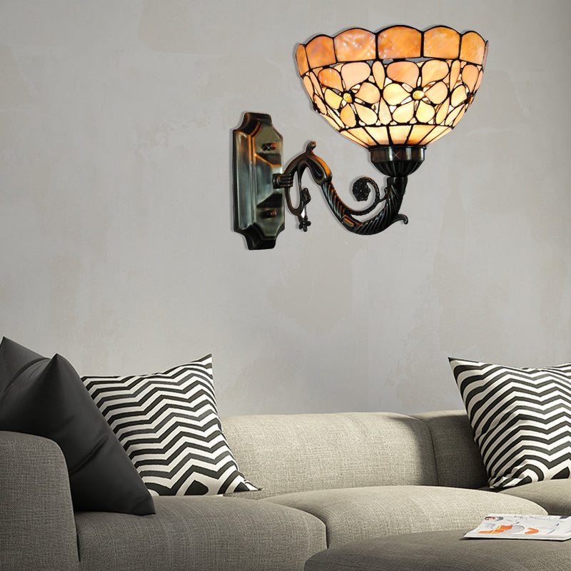 1 Head Wall Light Fixture Tiffany Bowl Orange Shell Sconce Light with Curved Arm