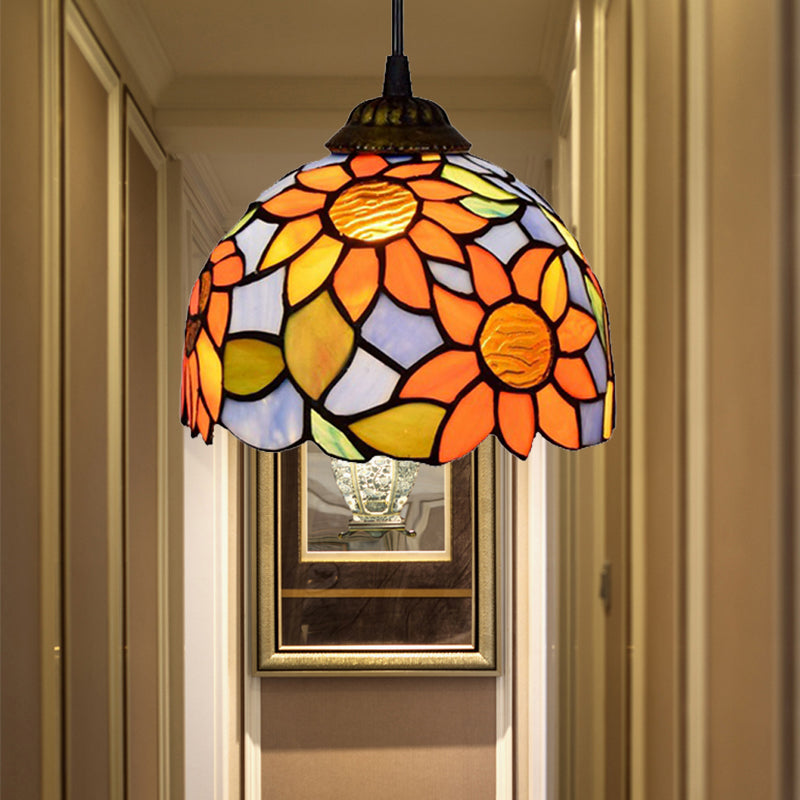 1 Bulb Pendant Lighting Tiffany-Style Domed Orange-Blue Stained Glass Ceiling Hanging Light