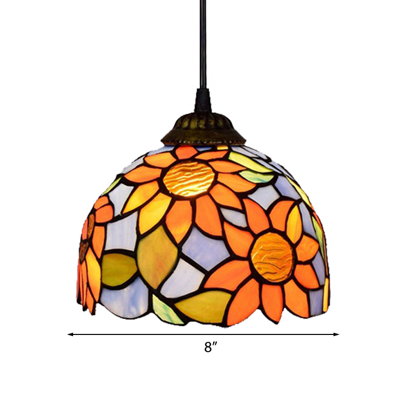 1 Bulb Pendant Lighting Tiffany-Style Domed Orange-Blue Stained Glass Ceiling Hanging Light