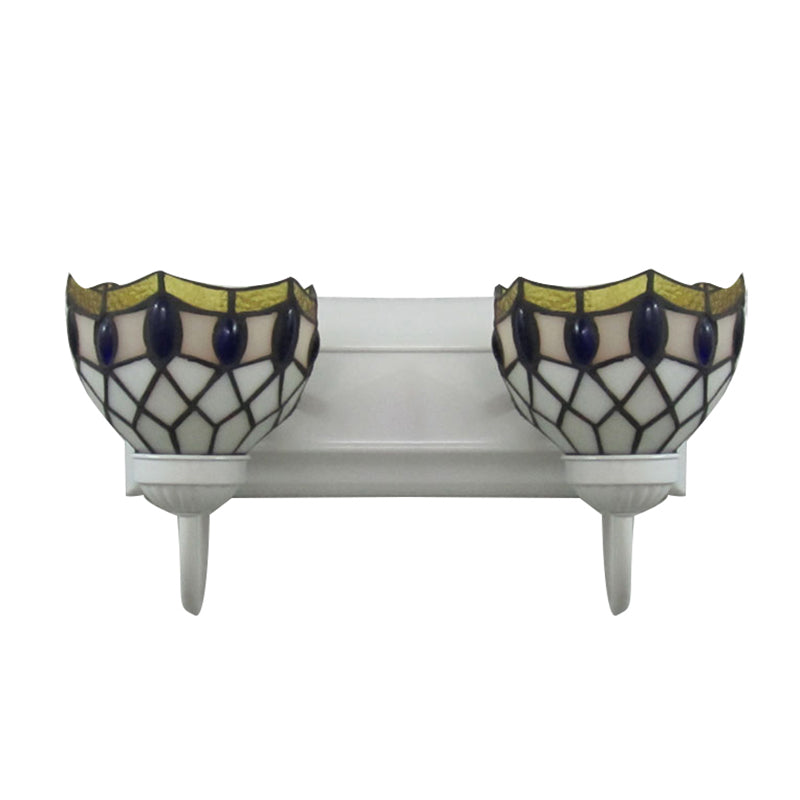 White Dome Sconce Light Tiffany 2 Heads Stained Glass Wall Mount Light with Blue Gem Decoration