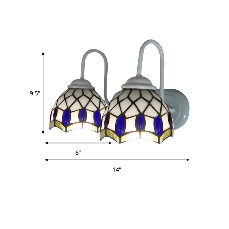 White Dome Sconce Light Tiffany 2 Heads Stained Glass Wall Mount Light with Blue Gem Decoration