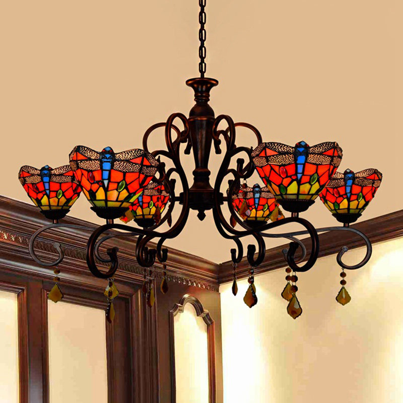 Tiffany Dragonfly Chandelier Stained Glass 6 Lights Stunning Hanging Pendant in Red