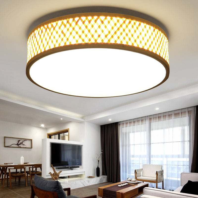 Asian Stylish Cross Woven Flushmount Light with Drum Shade Bamboo 10"/14" W LED Indoor Ceiling Lamp in Beige, Warm/White Light