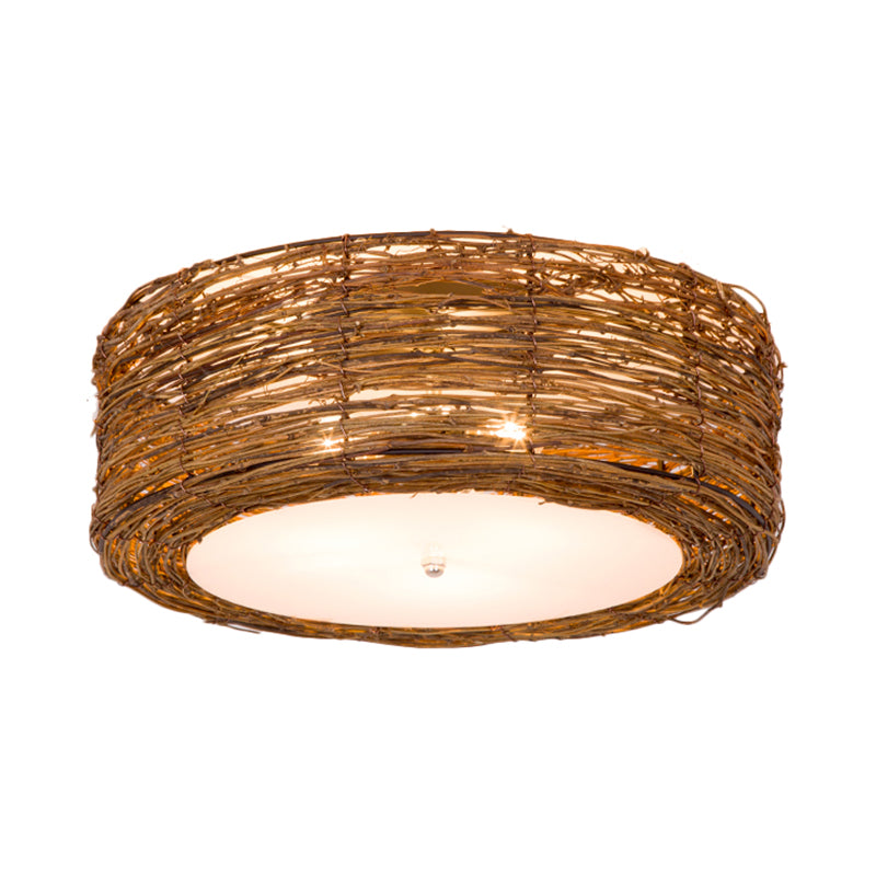 Hand-Woven Flush Mount Lamp with Round Shade Modern Rattan 3 Lights Bedroom Ceiling Light Fixture in Brown, 16"/19.5" W