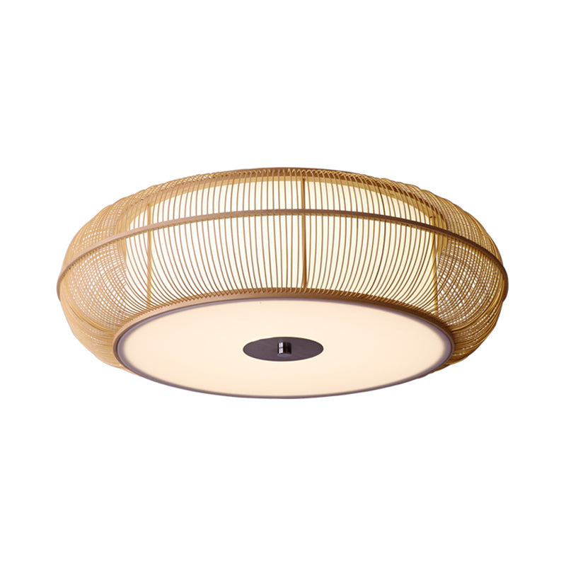 Lámpara de techo empotrada redonda de bambú, estilo asiático, 3/4 luces, accesorio de montaje en techo negro/madera para dormitorio, 18 "/22" de diámetro