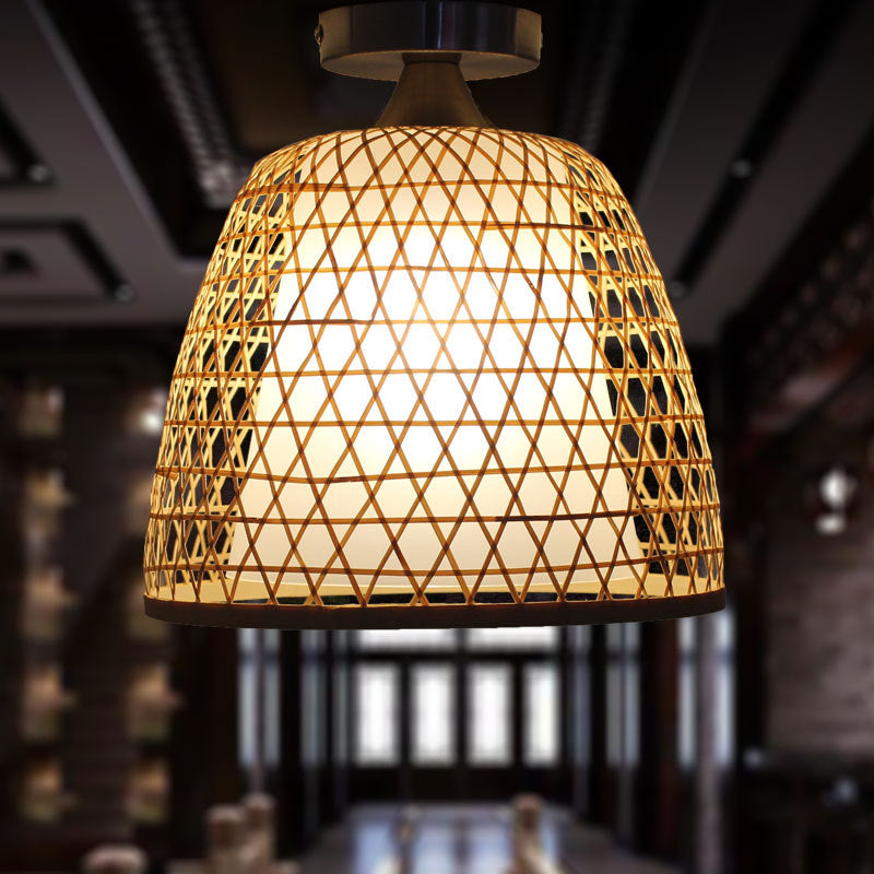 Bamboo Bucket Shade Semi Flush Light Lodge Stylish 1-Light Beige Ceiling Flush Lighting for Corridor