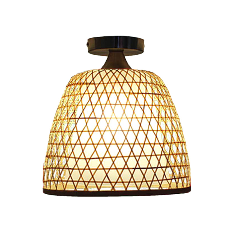 Bamboo Bucket Shade Semi Flush Light Lodge Stylish 1-Light Beige Ceiling Flush Lighting for Corridor