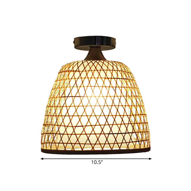 Bamboo Bucket Shade Semi Flush Light Lodge Stylish 1-Light Beige Ceiling Flush Lighting for Corridor