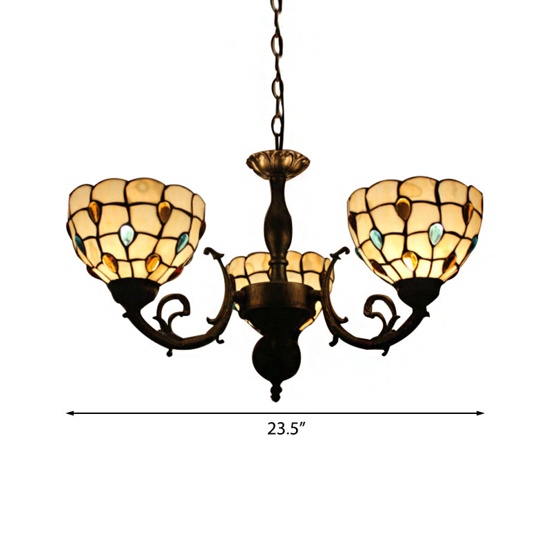 Bowl Hanging Light Tiffany Stained Glass 3 Lights Chandelier light with Jewel Pattern for Bedroom