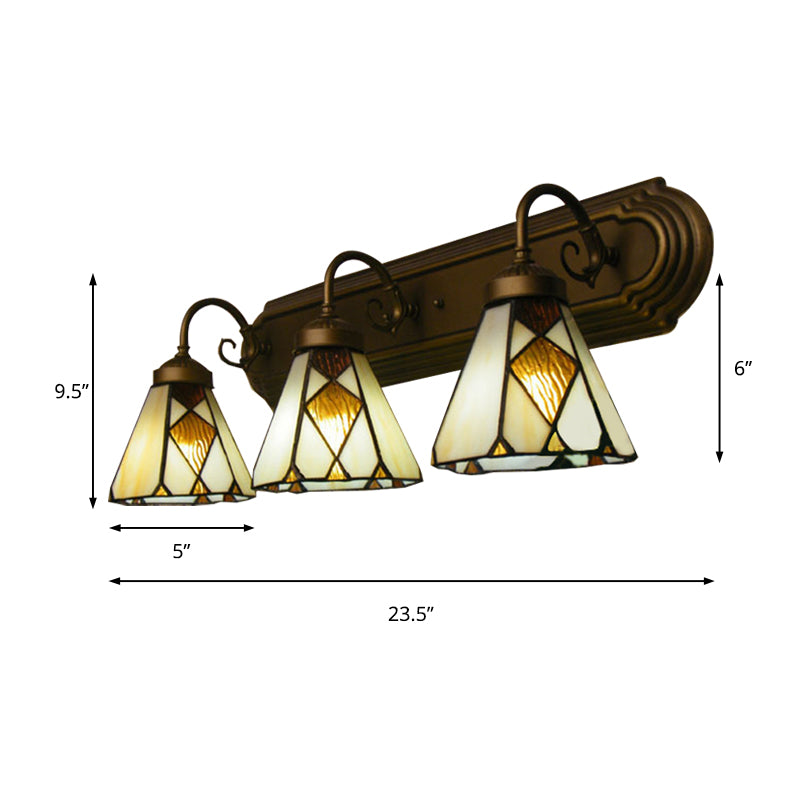 Beige Glass Conical Sconce Light Tiffany 3 Heads Antique Bronze wall Light Fixture