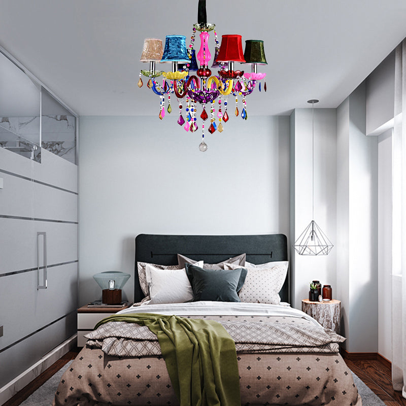 Multi-Colored Glass Chandelier with Crystal Bead 6 Lights Kids Hanging Pendant for Kindergarten