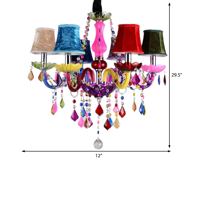 Multi-Colored Glass Chandelier with Crystal Bead 6 Lights Kids Hanging Pendant for Kindergarten