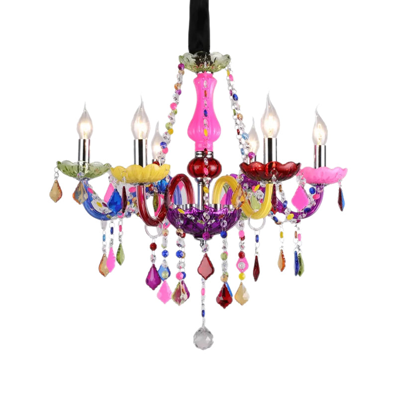 Multi-Colored Glass Chandelier with Crystal Bead 6 Lights Kids Hanging Pendant for Kindergarten