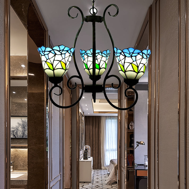 Flared Pendant Lighting Rustic Stained Glass 3-Light Flower Chandelier Light in Blue for Living Room