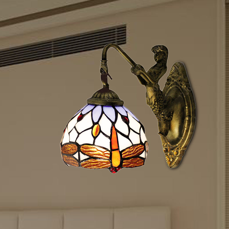 Antique Brass Dragonfly Sconce Lighting Tiffany 1 Head White Glass Wall Mounted Light