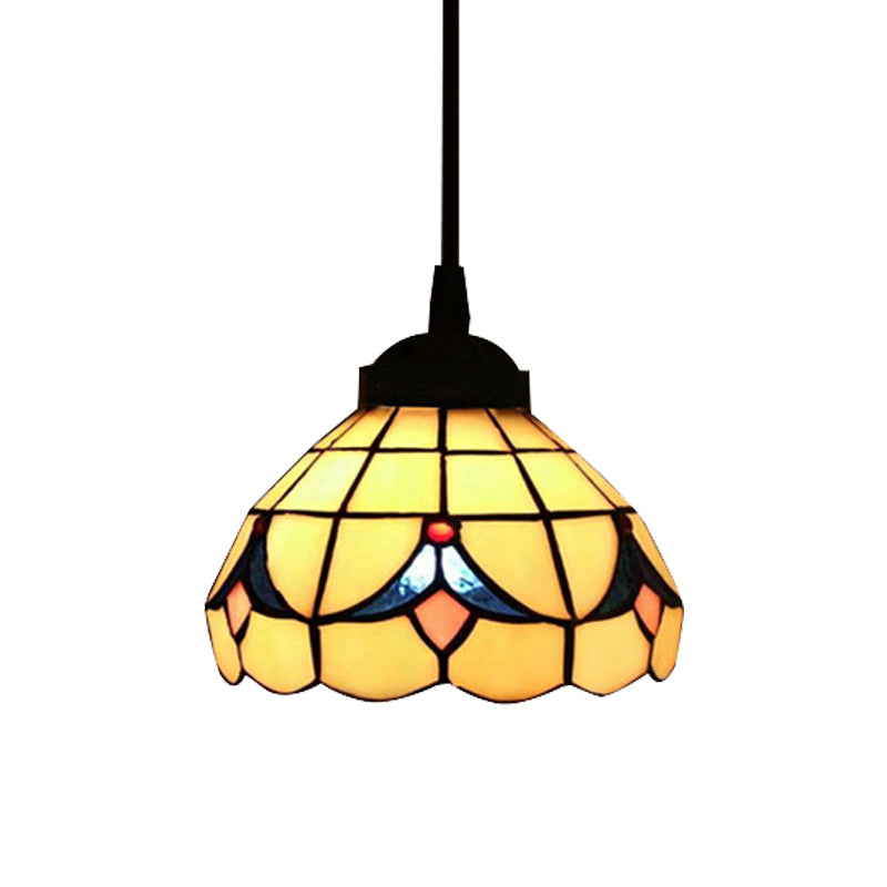 Flower Hanging Light Fixture Tiffany Cut Glass 1 Light Beige Suspension Pendant for Bedroom