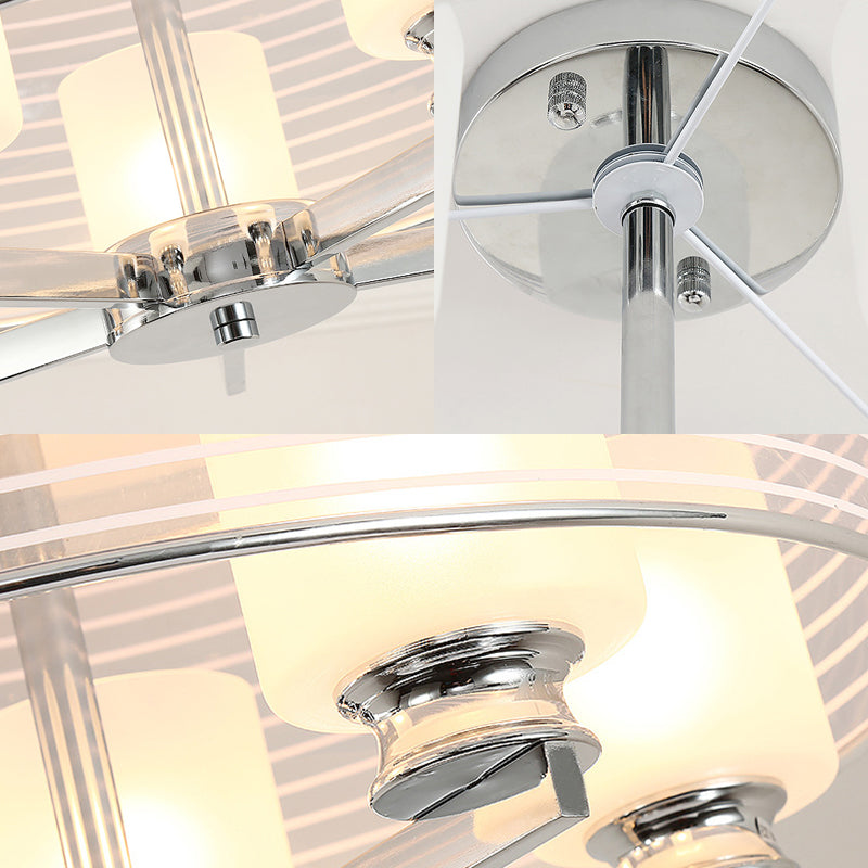 Zylindrische halbbündige Deckenleuchte aus weißem Glas mit 4 Lichtern und halbbündiger Chrom-Deckenleuchte mit bandförmigem Trommelschirm aus Glas