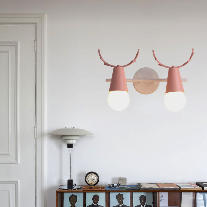 2 Heads Cone Wall Light with Antlers Contemporary Metal Wall Sconce for Study Room