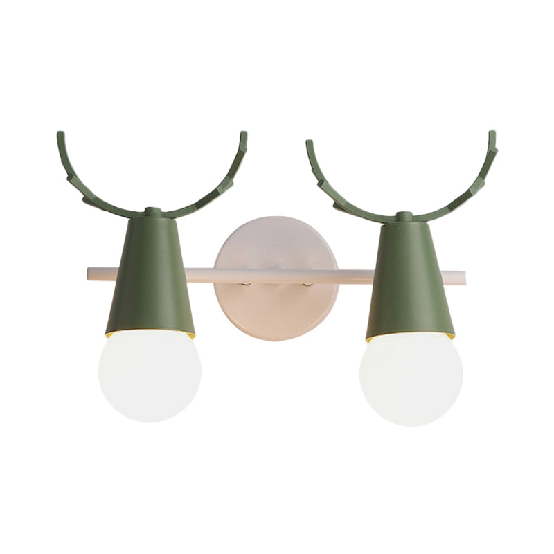 2 Heads Cone Wall Light with Antlers Contemporary Metal Wall Sconce for Study Room