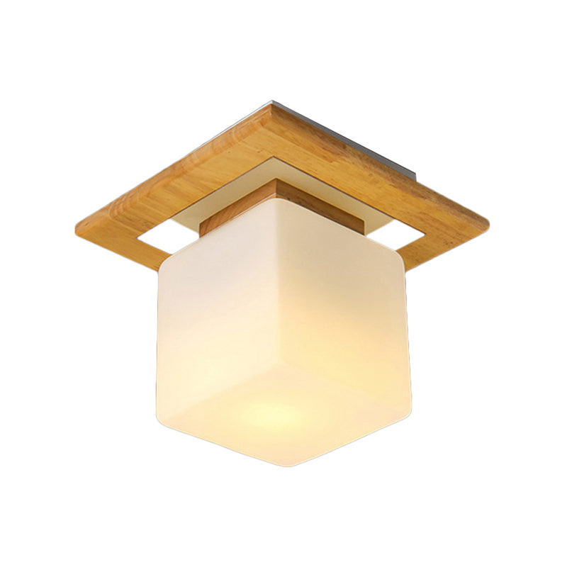 Square Semi Flush Mount Light Modern Wood 1 Light Brown Semi Mount Lamp with Milk Glass Shade
