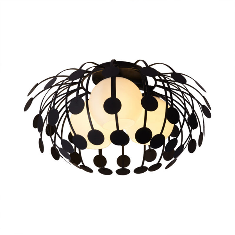 Iluminación de semi rascijada de metal ovalada Modernista 3 luces blanca/negra Lámpara de montaje semi descarte con leche de vidrio de vidrio