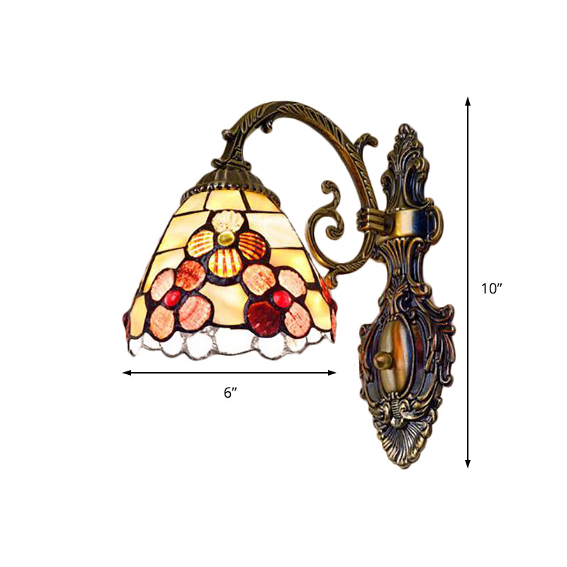Bowl-Shaped Wall Mount Fixture Stained Glass 1 Light Wall Lighting with Flower Pattern in Antique Brass