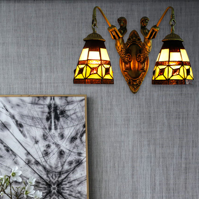 Cone Beige Glass Wall Light Fixture Tiffany 2 Heads Antique Brass Sconce Lighting