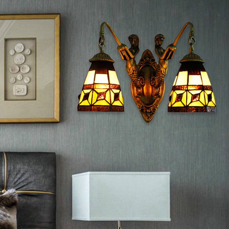 Cone Beige Glass Wall Light Fixture Tiffany 2 Heads Antique Brass Sconce Lighting