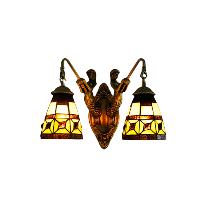 Cone Beige Glass Wall Light Fixture Tiffany 2 Heads Antique Brass Sconce Lighting