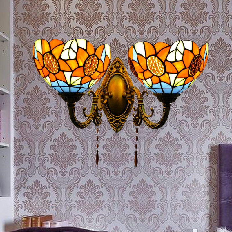 Orange Bowl Wall Fixture Light Country Stained Glass 2 Lights Wall Mount Fixture with Sunflower Pattern
