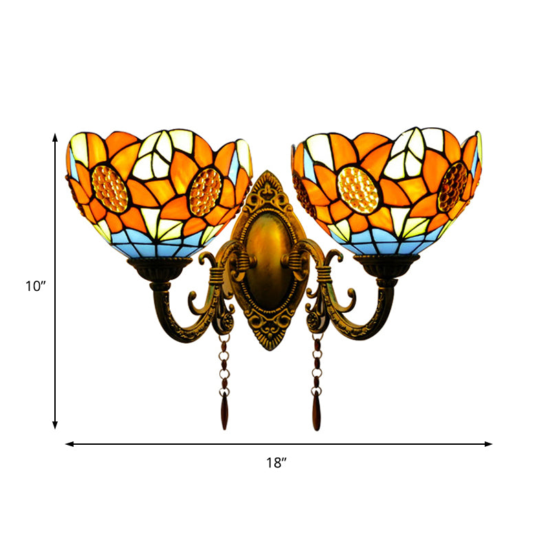 Orange Bowl Wall Fixture Light Country Stained Glass 2 Lights Wall Mount Fixture with Sunflower Pattern