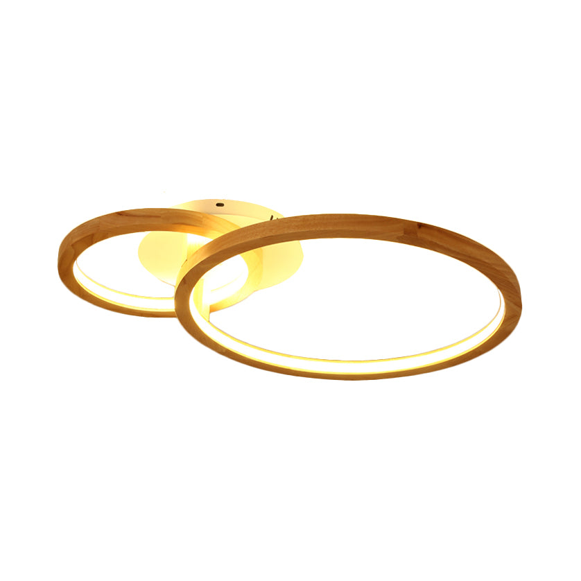 2-Tier Ring Wood Semi Flush Lamp Modern Led Brown Flush Semi Ceiling Light for Bedroom in Warm Light, 21.5"/28" Wide