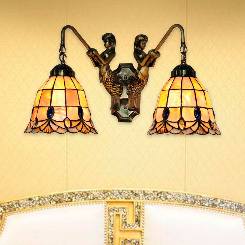 Flared Shell Sconce Light Tiffany 2 Heads Beige Mermaid Wall Mounted Light for Bedroom