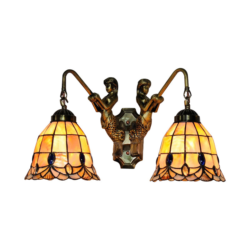 Flared Shell Sconce Light Tiffany 2 Heads Beige Mermaid Wall Mounted Light for Bedroom