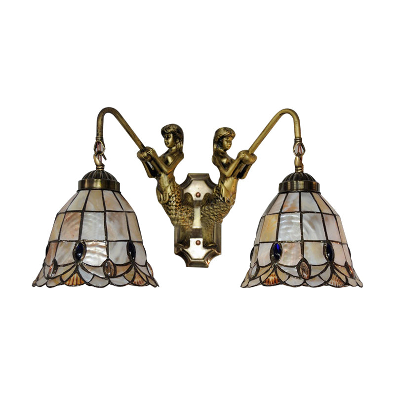 Flared Shell Sconce Light Tiffany 2 Heads Beige Mermaid Wall Mounted Light for Bedroom