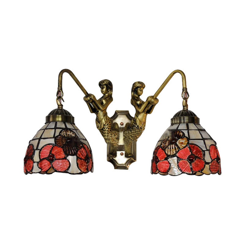 Pink Floral Wall Mounted Light Victorian 2 Lights Shell Sconce Light Fixture with Mermaid Decoration