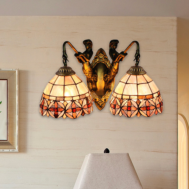 Tiffany Bowl Shell Sconce Light Fixture 2 Heads Wall Mounted Light in Beige with Mermaid Backplate