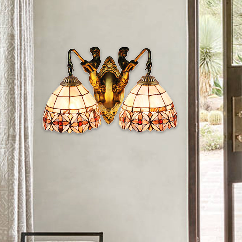 Tiffany Bowl Shell Sconce Light Fixture 2 Heads Wall Mounted Light in Beige with Mermaid Backplate