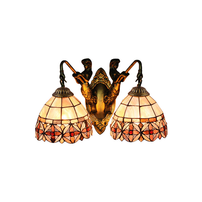 Tiffany Bowl Shell Sconce Light Fixture 2 Heads Wall Mounted Light in Beige with Mermaid Backplate