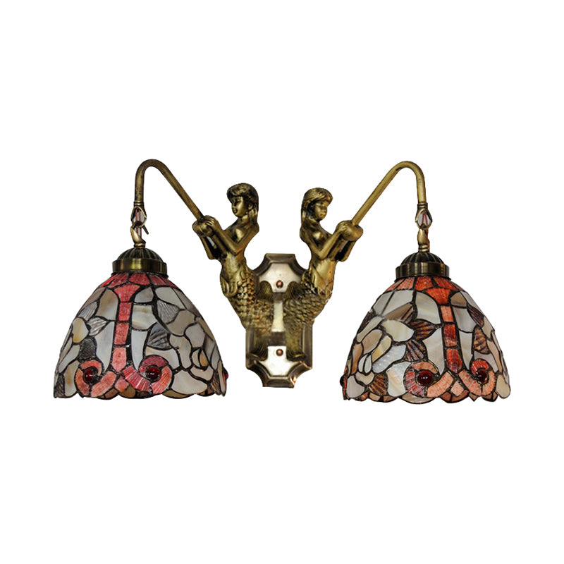 Shell Bowl Wall Lighting Fixture Baroque 2 Heads Orange Sconce Light with Mermaid Backplate for Bedroom
