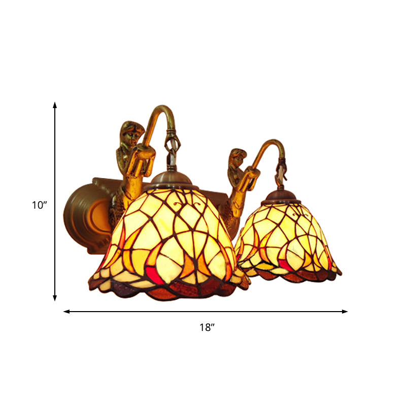 2 Heads Dome Sconce Lighting Tiffany 2 Head Beige Glass Wall Mount Light with Mermaid Backplate