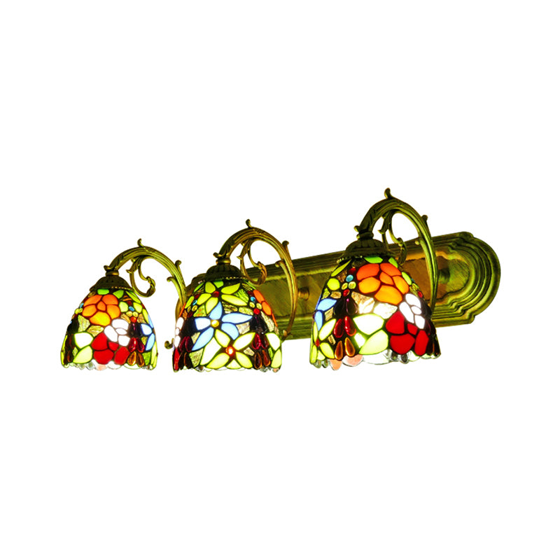 Rustic Dome-Shaped Wall Lighting Stained Glass 3 Lights Colorful Wall Sconce Lighting with Flower Pattern