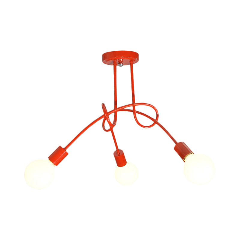 Curved Arm Semi Flush Lighting Contemporary Metal 3/5 Lights Blue/Red Semi Flush Ceiling Lamp Fixture