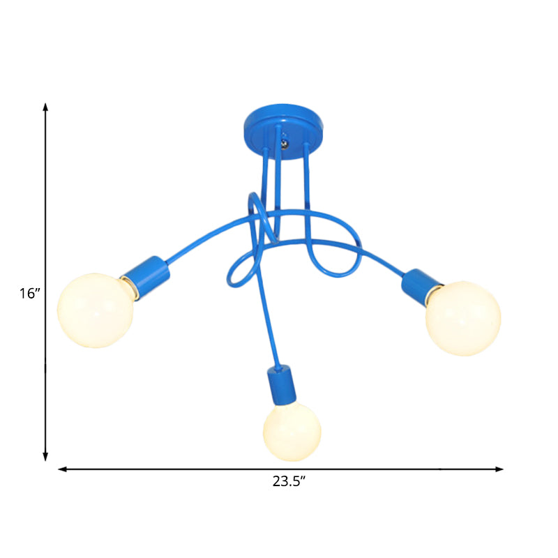 Curved Arm Semi Flush Lighting Contemporary Metal 3/5 Lights Blue/Red Semi Flush Ceiling Lamp Fixture