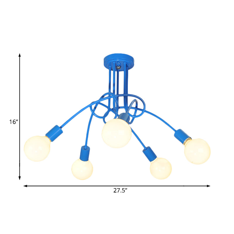 Curved Arm Semi Flush Lighting Contemporary Metal 3/5 Lights Blue/Red Semi Flush Ceiling Lamp Fixture