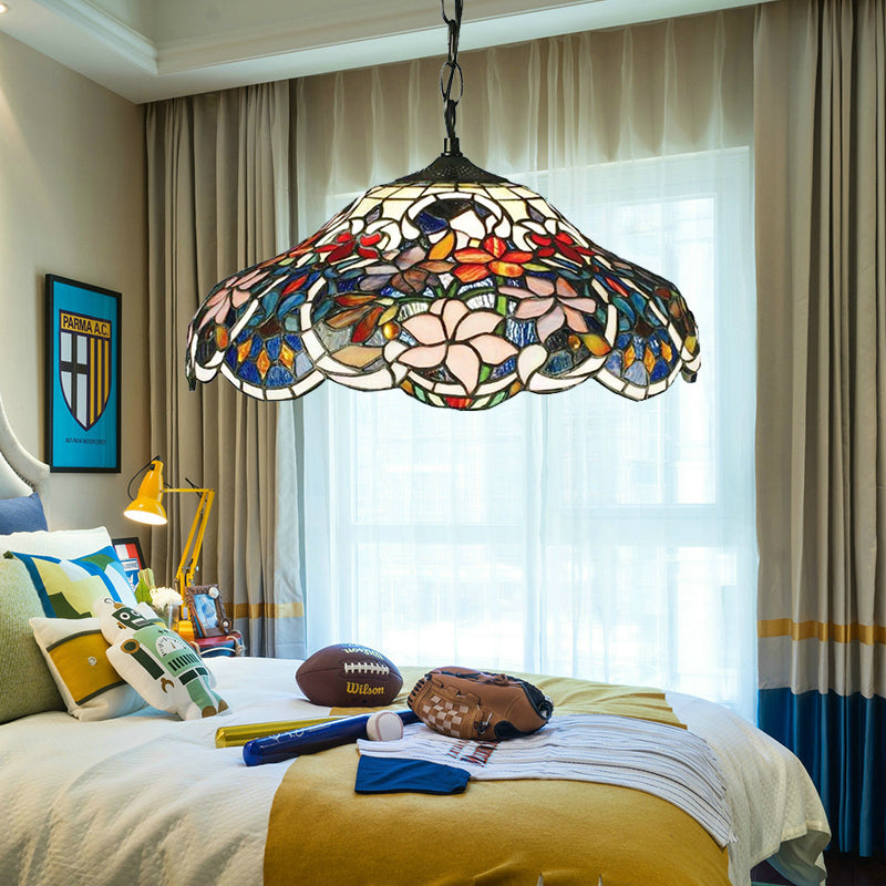 Lumière suspendue à floral vitrail de style tiffany 1 luminaire de pendentif noir de bulbe avec chaîne métallique réglable