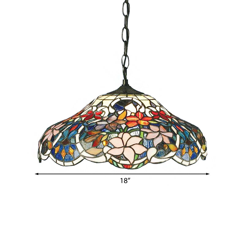 Floral Hanging Light Tiffany-Style Stained Glass 1 Bulb Black Pendant Light Fixture with Adjustable Metal Chain