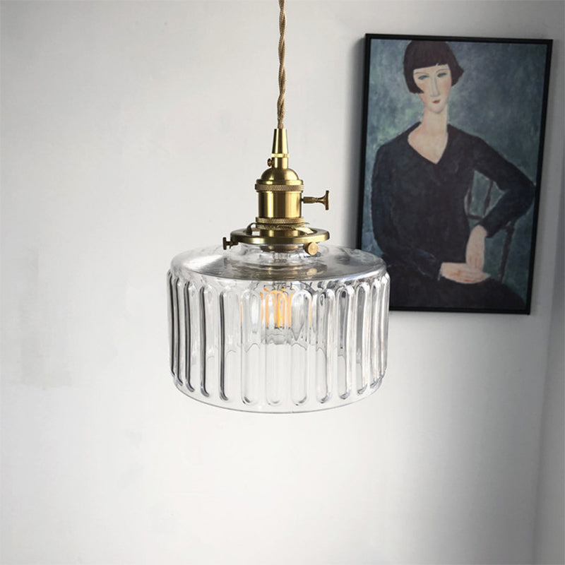 Drum Shape Pendant Light 1 Head Modern Stylish Fluted Glass Hanging Lamp for Gallery